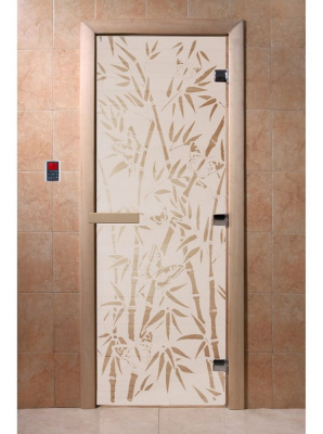 Дверь "Бамбук и бабочки" 190х70, 8 мм, 3 петли (сатин, коробка ольха) DoorWood
